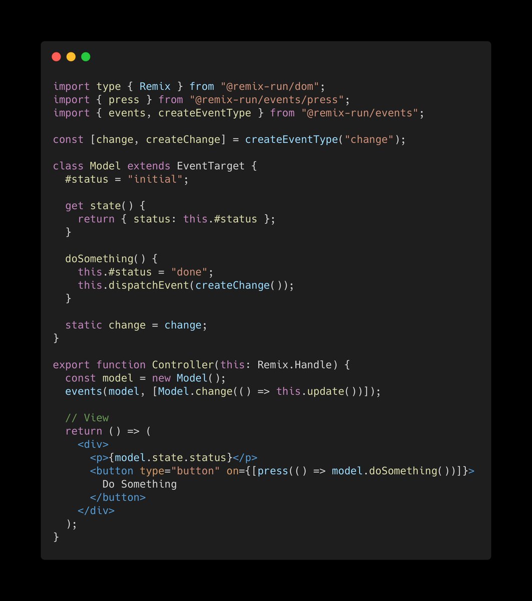 sergiodxa's tweet image. Thinking about Remix components in terms of MVC makes a lot of sense
- The controller instantiates a model and subscribe to events
- Then returns a view that uses the model instance to get values and call methods
- And the controller updates the view when the model change