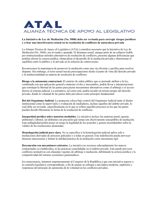 ✍🏽#Comunicado | La Iniciativa de Ley de Mediación (No. 5808) debe ser revisada para corregir riesgos jurídicos y evitar una interferencia estatal en la resolución de conflictos de naturaleza privada.  

Este tipo de iniciativas pone en riesgo la certeza jurídica y puede afectar