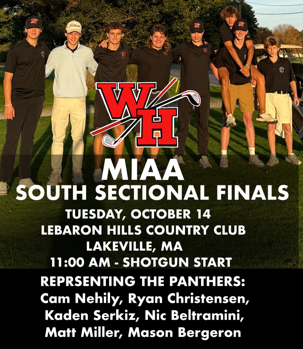 The Panther Golf Team had an incredible year- finishing 12-6 in a highly competitive league. They head to Lakeville to test their mettle in the MIAA division 2 sectional finals tomorrow. Good luck to the guys representing us there: Cam, Ryan, Kaden, Nic, Matt, and Mason.