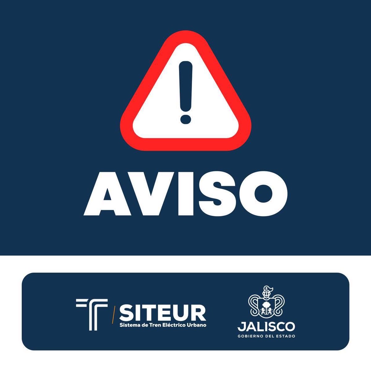 SITEURJAL's tweet photo. #AlertaSITEUR | El servicio de la #Línea1 de #MiTren se encuentra detenido debido a un incidente ajeno a SITEUR en la estación Refugio.

Se implementa servicio provisional de Periférico Sur a Juárez.

Agradecemos tu comprensión. https://t.co/mRyE3vljEB