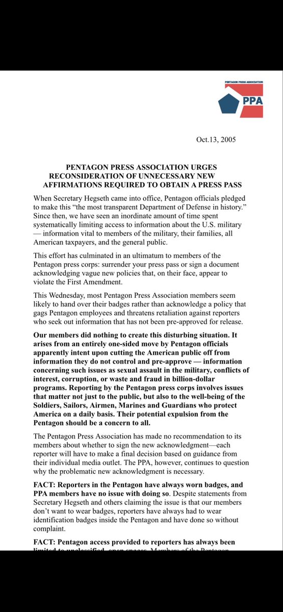 phildstewart's tweet image. Strong statement from the Pentagon Press Association, noting that most members on Wednesday will have their credentials confiscated by the Pentagon and won’t be given new ones because the reporters can’t and won’t “acknowledge a policy that gags Pentagon employees and threatens…