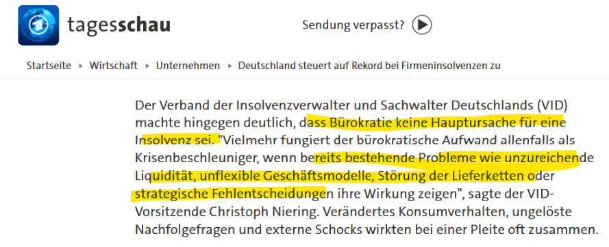 Da schau an... laut Verband der Insolvenzverwalter ist Bürokratie gar keine Hauptursache für Firmenpleiten, sondern "unzureichende Liquidität, unflexible Geschäftsmodelle, Störung der Lieferketten oder strategische Fehlentscheidungen"?

Und sie haben nichtmal "Habeck" gesagt.