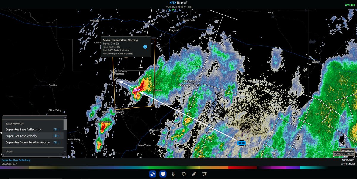 tarutrit's tweet image. the storm west of sedona rn is exhibiting a three-body scatter spike &amp;amp; had this particularly impressive presentation on radar just a moment ago #azwx