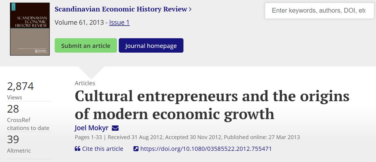 petergklein's tweet image. Mokyr published a very interesting paper on &quot;cultural entrepreneurship&quot; in 2013. Starting from a Schumpeterian framework, he describes cultural entrepreneurs as &quot;the creators of epistemic focal points that people can coordinate their beliefs on.&quot;