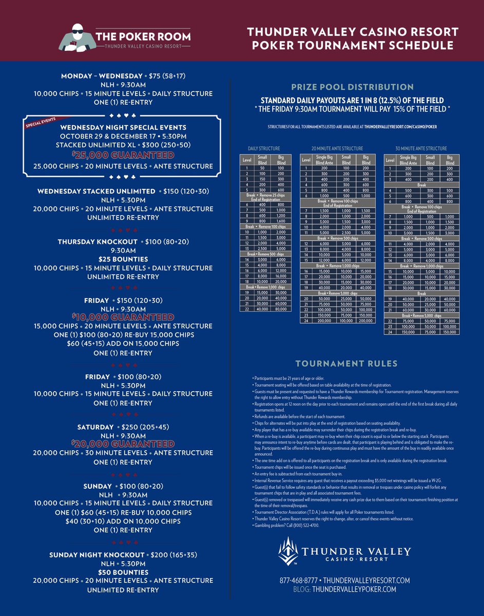 Check out our All-New Daily Tournament Schedule, and the coming Wednesday Night Special Events

Stacked Unlimited XL
$25,000 Guarantee $300

October 29 and December 17
5:30 pm start

25k stacks + 20-min levels
Unlimited entry to 7:45 pm

Details in graphic below ⤵️