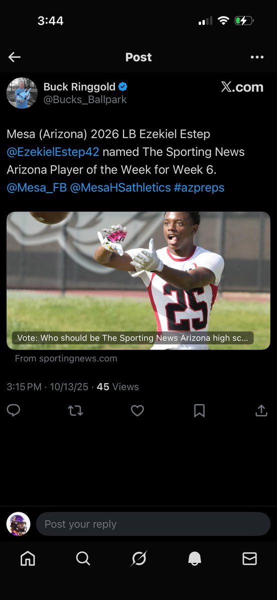 Proud to announce that I was named <a href="/sportingnews/">The Sporting News</a> Arizona Player of the Week for Week 6 and honored to be a Ed Doherty Medallion Winner! Grateful for the recognition and thankful for my coaches, teammates. 

<a href="/MesaHSathletics/">Mesa Athletics</a> <a href="/Mesa_FB/">Mesa High Football</a> <a href="/CoachSheridanAZ/">Andrew Sheridan</a> <a href="/AZGridironClub/">GCS Gridiron Club</a> <a href="/alechathcock6/">Coach Alec Hathcock</a>