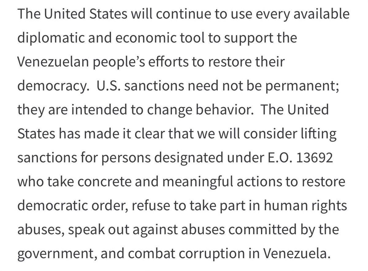 “Las sanciones de Estados Unidos no tienen por qué ser permanentes…Estados Unidos ha dejado claro que consideraremos levantar las sanciones a personas… que tomen acciones concretas y significativas para restaurar el orden democrático…”  — US Treasury

home.treasury.gov/news/press-rel…