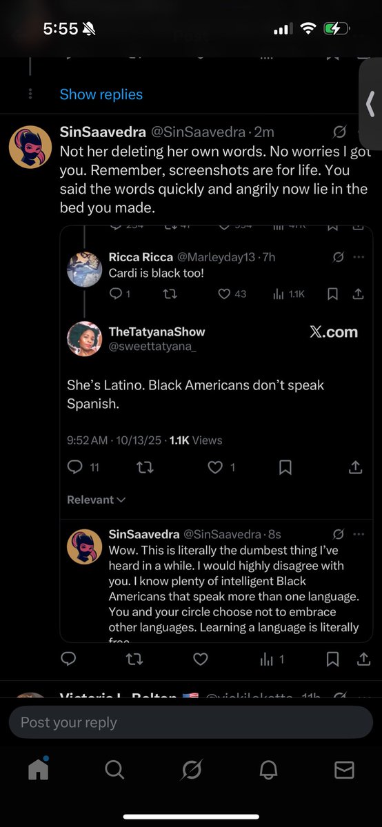 SinSaavedra's tweet photo. @sweettatyana_ @RedMedia_us @boobitch890 Not her deleting her own words. No worries I got you. Remember, screenshots are for life. You said the words quickly and angrily now lie in the bed you made. https://t.co/xit036jBLN