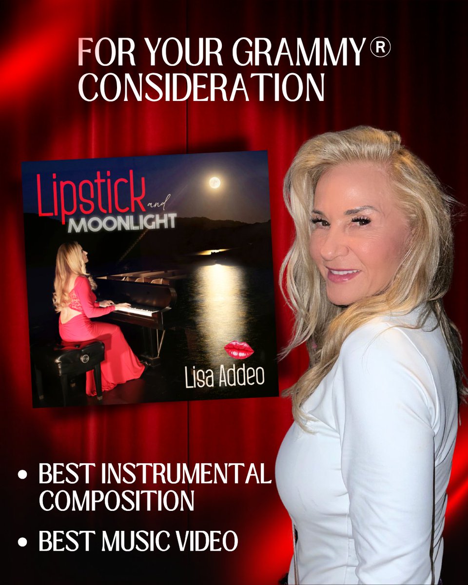 LisaAddeoMusic's tweet photo. ✨ For Your GRAMMY® Consideration ✨

Lisa Addeo’s Lipstick and Moonlight is up for:
🎹 Best Instrumental Composition
🎬 Best Music Video https://t.co/UJyv9mnroV
