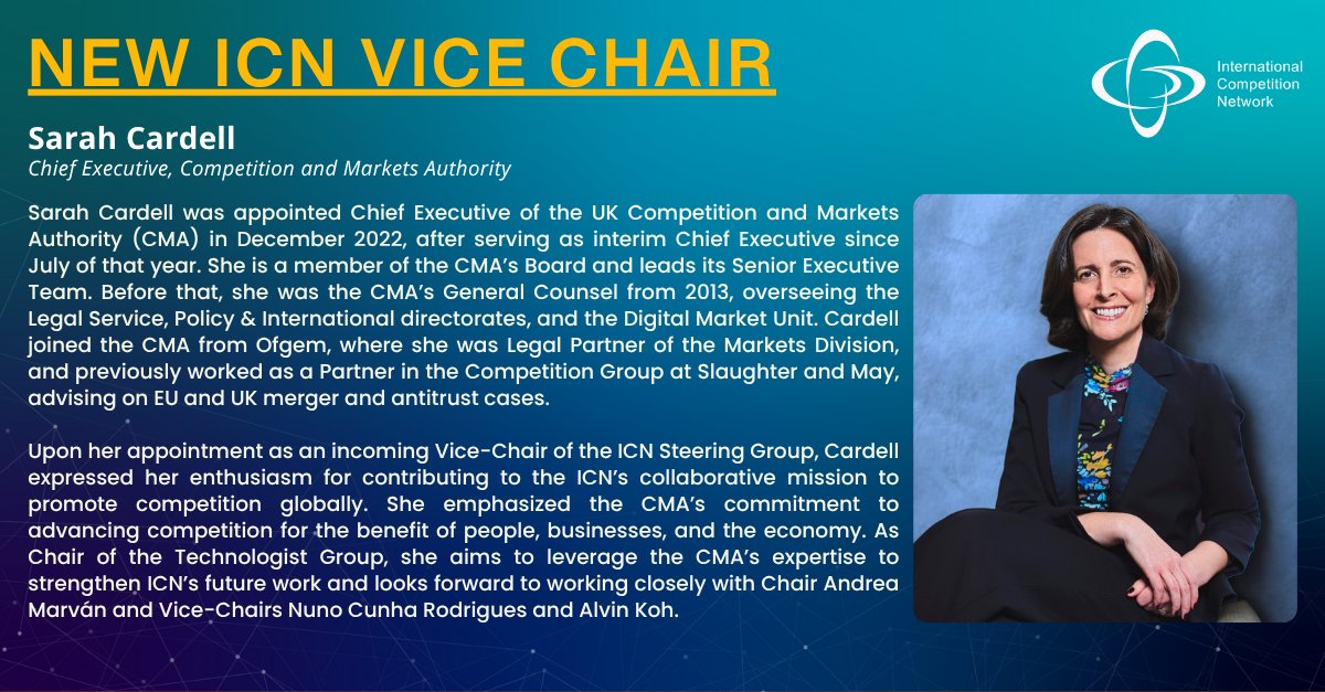IntCompNetwork's tweet image. Meet the new ICN Vice Chair: Sarah Cardell, Chief Executive of the UK CMA 🇬🇧.
With her leadership, ICN will continue fostering an inclusive and dynamic network, advancing competition policy & global cooperation.
#ICN #CompetitionPolicy #Leadership #InternationalCooperation