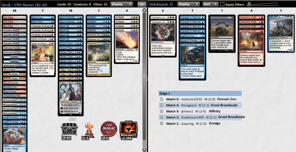 2nd 5-0🏆!
I fixed the mana and made a few small changes by adding a couple of white march that are overperforming.

#MTGModern #UWNarset <a href="/fireshoes/">Robert Taylor🔥</a>