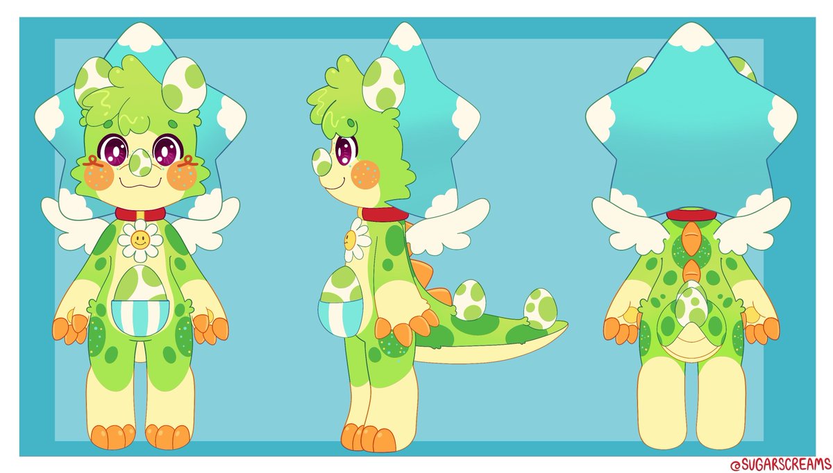 Reference sheet of a design by Crayon-Junkie on TH! 

#furry #furrySFW #furryart #digitalart #furryfandom #dino #dinosaur #yoshicore #referencesheet #refsheet #nintendoart