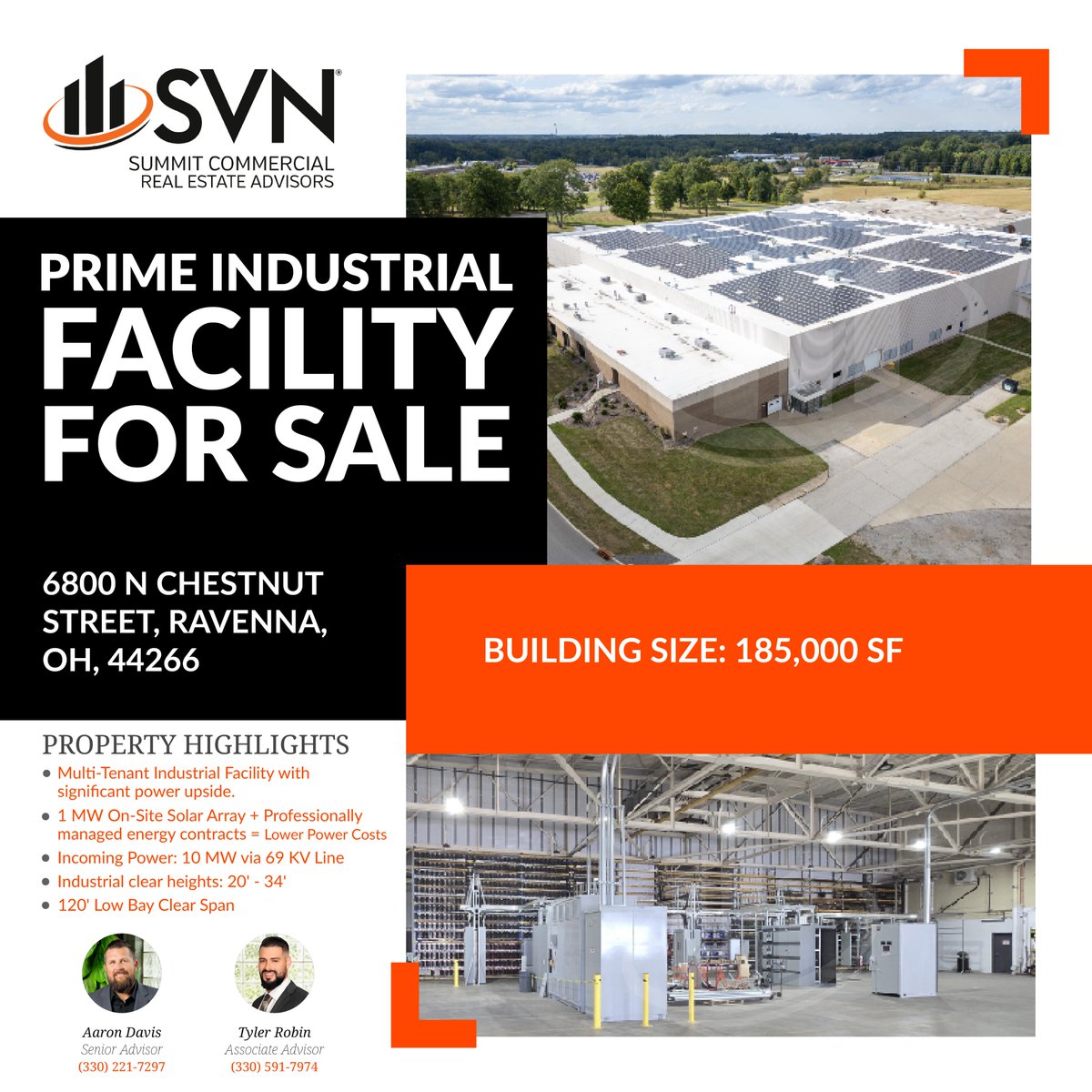 SVNSummitCRE's tweet photo. 🚨New Listing Alert!🚨
185,000 SF multi-tenant industrial facility for sale – 6800 N Chestnut St, Ravenna, OH.
10 MW power via 69 KV line ⚡ | 1 MW solar array 🌞 | 20’–34’ clear heights.
Contact #AaronDavis (330-221-7297) or #TylerRobin (330-591-7974).
#SVNDifference #Industrial https://t.co/WqfkCUfYw7