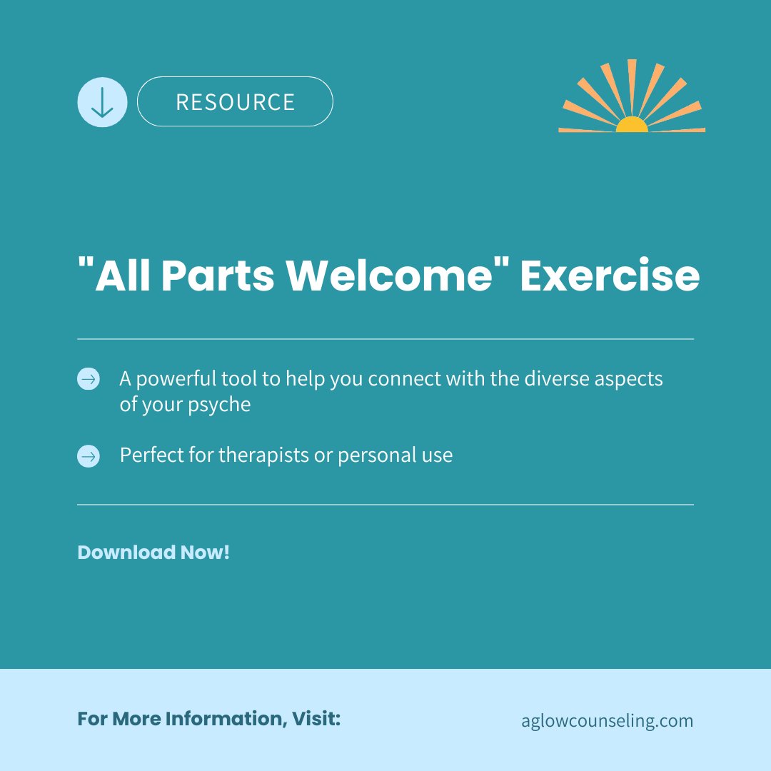 aglowcounseling's tweet image. 🌟 Ready to embrace every part of yourself? Discover &quot;All Parts Welcome&quot;—a free exercise for deeper self-understanding and inner harmony. Perfect for therapists or personal growth!

Download now: tinyurl.com/2r7hxnnt

#SelfAcceptance #InnerHarmony