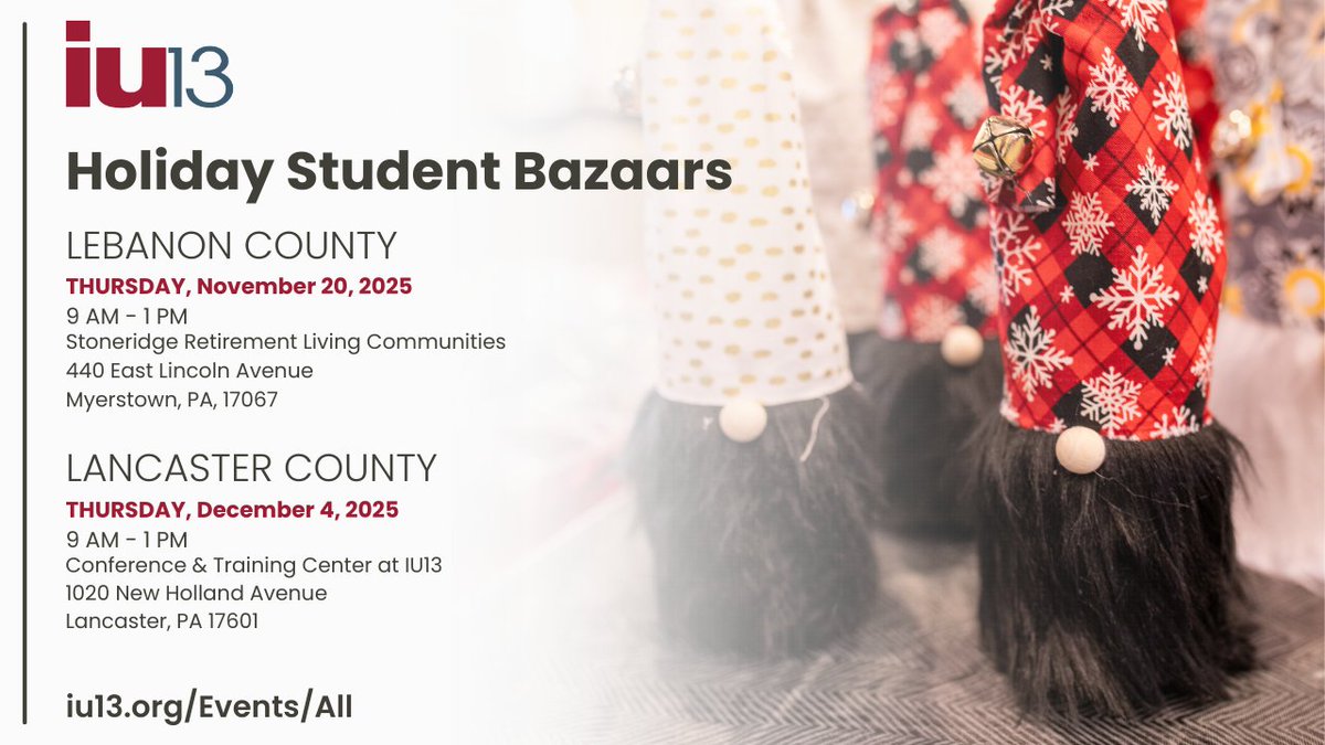 🎁 Shop student-made crafts &amp; gifts at the Holiday Student Bazaars!
❄️ Lebanon: Nov 20 @ Stoneridge Retirement Living
❄️ Lancaster: Dec 4 @ IU13, 1020 New Holland Ave
9 AM–1 PM | Open to all!

More info ➡️ hubs.li/Q03KM8qW0
