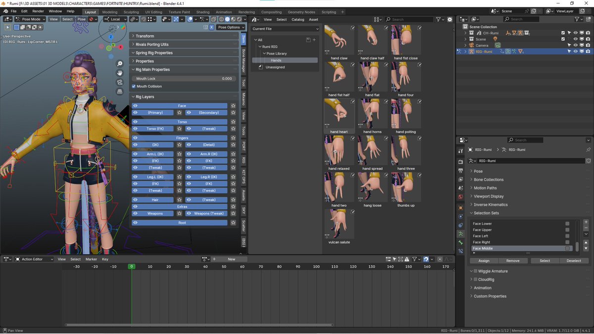 Minor update to Rumi Rig. Added hand pose library, face selection sets, and a property to toggle mouth collision(visible when selecting the jar or mouth controls). 

Link below