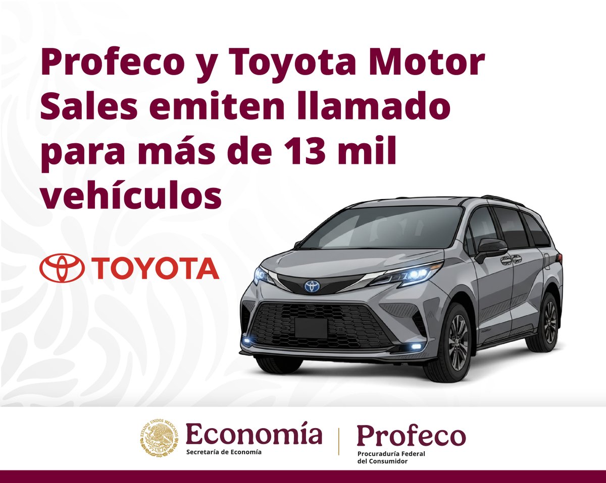 #BoletínDePrensa Profeco y Toyota Motor Sales emiten llamado para más de 13 mil vehículos.

El llamado es para unidades modelo #Sienna Híbrida año 2021 a 2025 que podrían tener tornillos mal apretados en los asientos de la tercera fila. El fallo podría ocasionar que el respaldo
