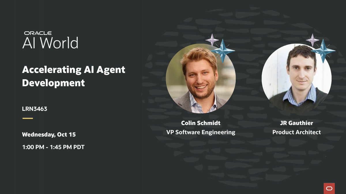 OracleAnalytics's tweet image. ⚡ Build faster and scale smarter with Colin Schmidt and JR Gauthier at tomorrow Oracle #AIWorld, as they share how Oracle is accelerating AI agent development with powerful tools, frameworks, and real-world engineering strategies.
🗓️ Wednesday, Oct 15
🕐 1:00 – 1:45 PM PDT
🔗…