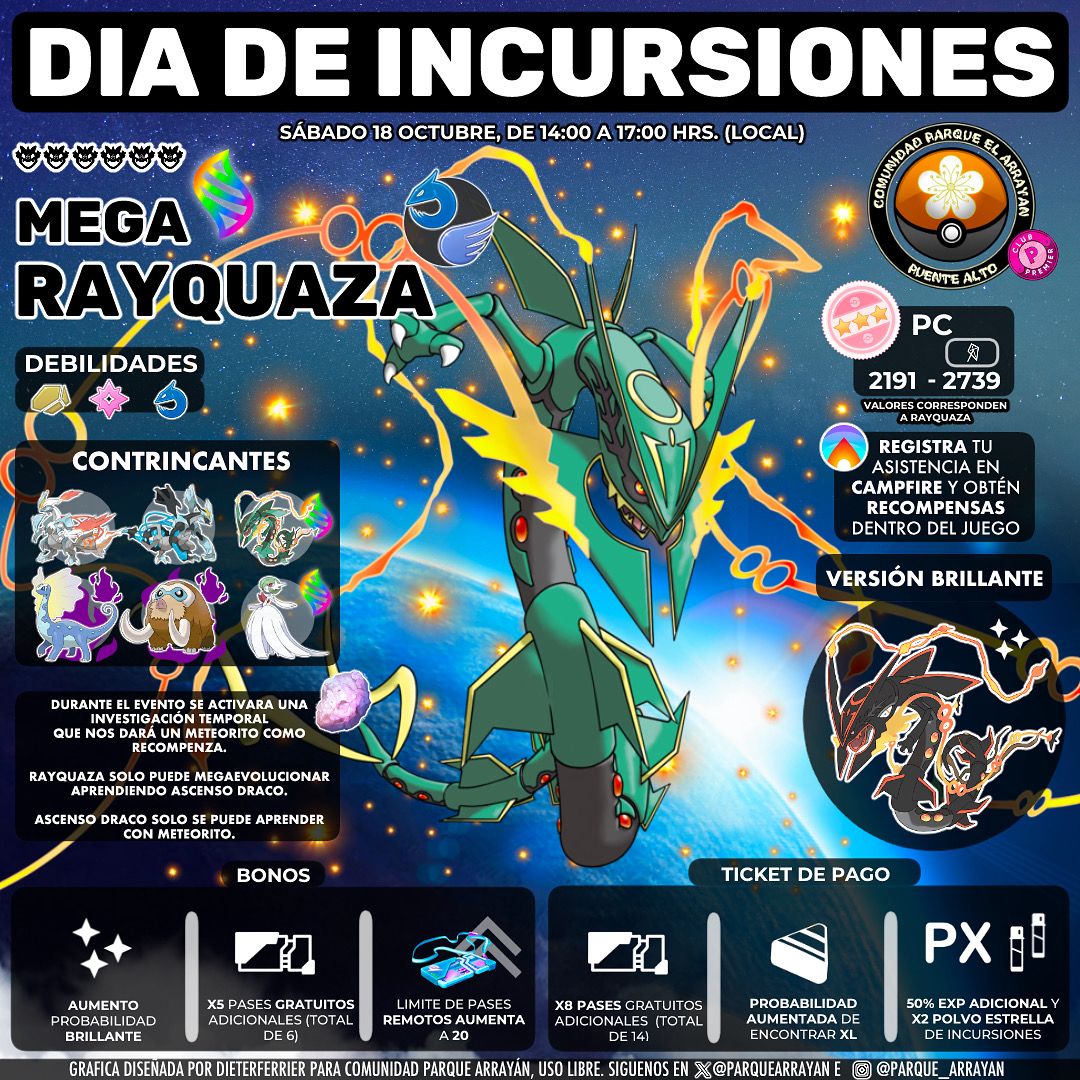 ParqueArrayan's tweet image. Día de Mega Incursiones: Mega-Rayquaza 
Sábado 18 de octubre, de 14:00 a 17:00 hrs.