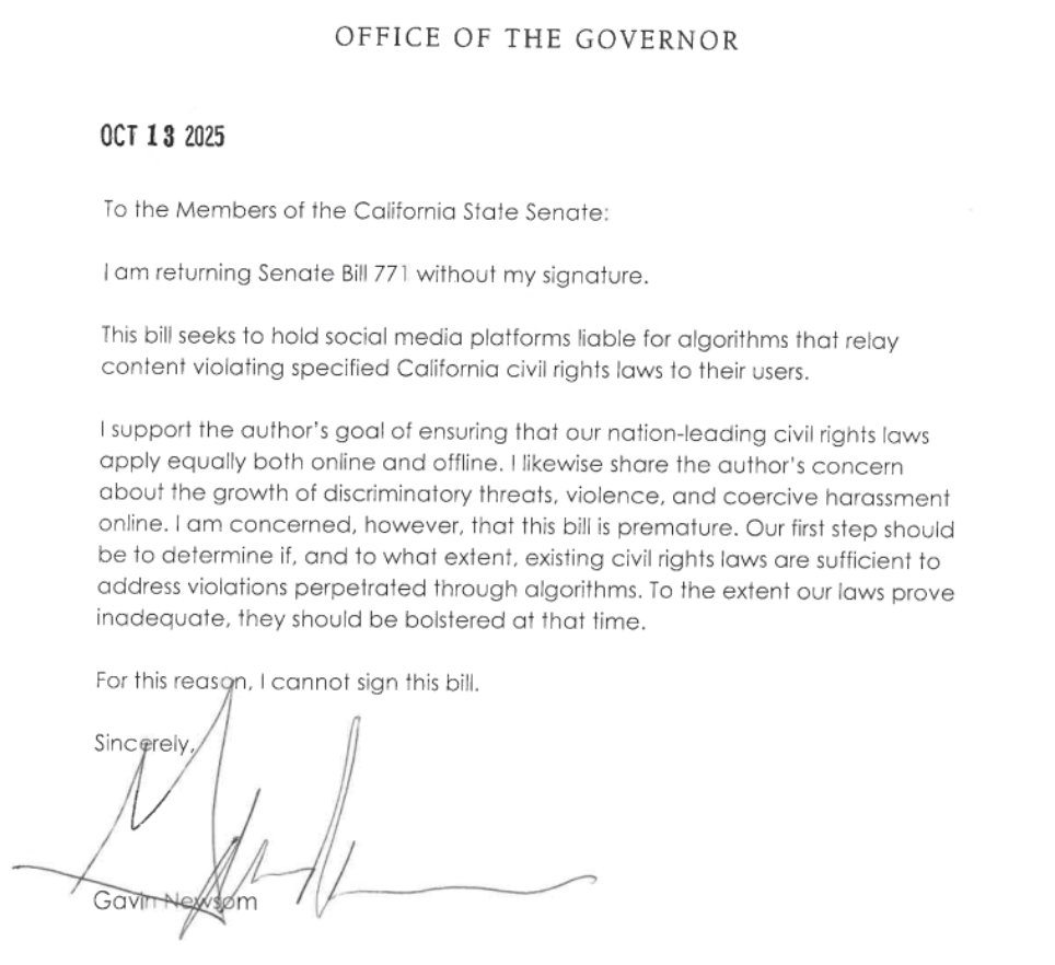 TheFIREorg's tweet image. Update: VETOED.
Today, Gov. Gavin Newsom vetoed SB 771, a bill that would have had a profound chilling effect over online expression.
We are grateful that the governor chose to protect free speech instead of setting California on the path to a losing battle against the First…