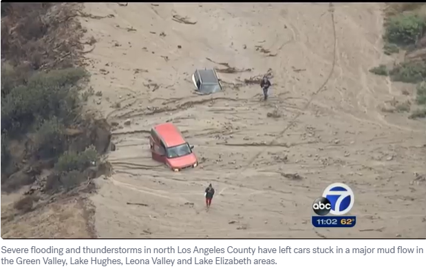 NWSLosAngeles's tweet photo. Turn Around, Don't Drown.  The photo on the left is a mud flow that occurred as a result of heavy rain from thunderstorms.  Waters can be deeper than expected, &amp; can carry vehicles away.  They can also carry mud and rocks, causing vehicles to become stuck. https://t.co/svvTKlHmCH