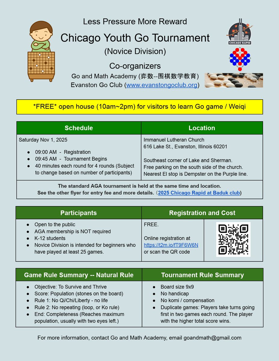 goandmath's tweet image. Join our 2025 Fall Chicago Go Tournament -- Rapid and Youth Novice tournament. Scan QR code to register.