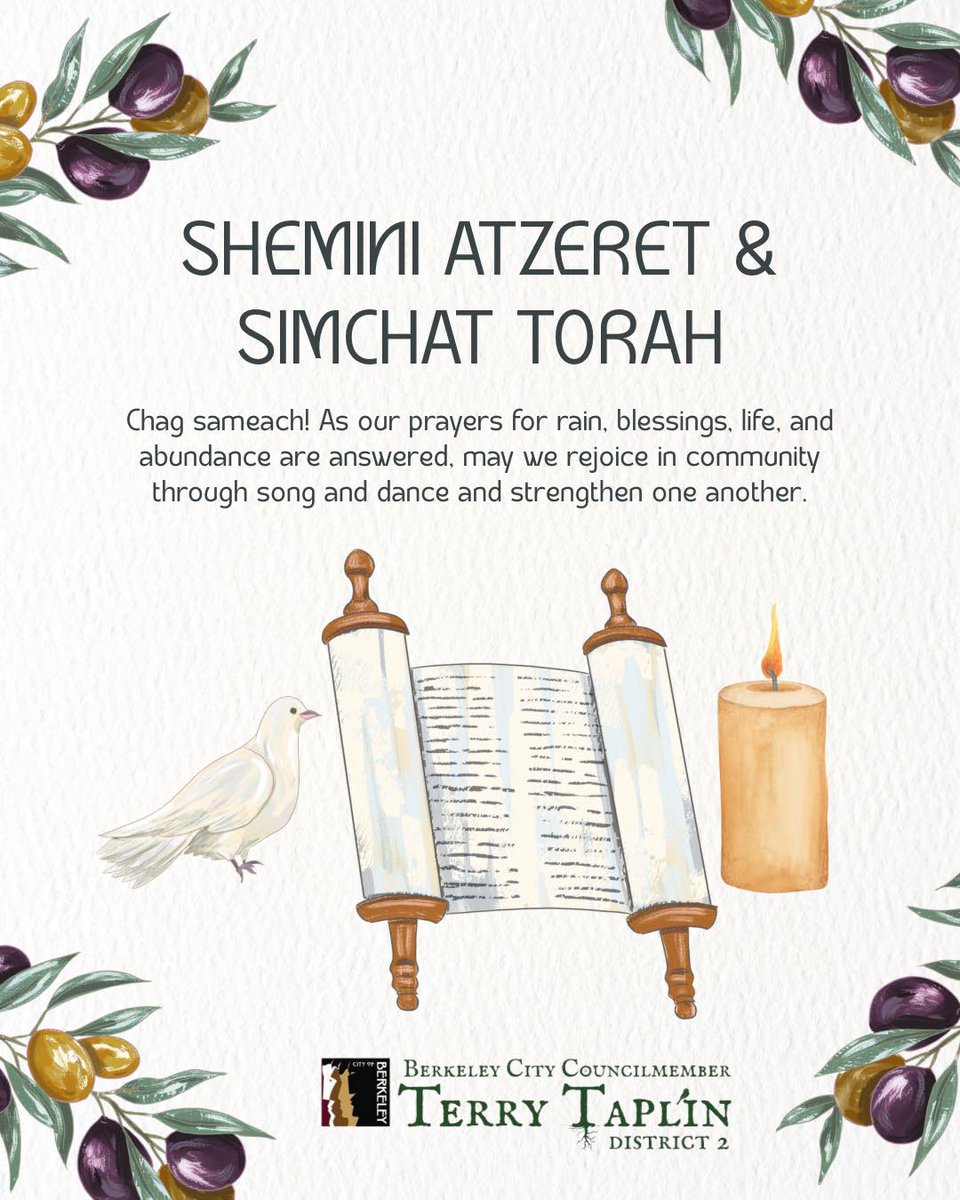 Chag sameach! On this Shemini Atzeret and Simchat Torah, as our prayers for rain, blessings, life, and abundance are answered, may we rejoice in community through song and dance and strengthen one another 🌧️ 🕯️ 🕊️ 📖