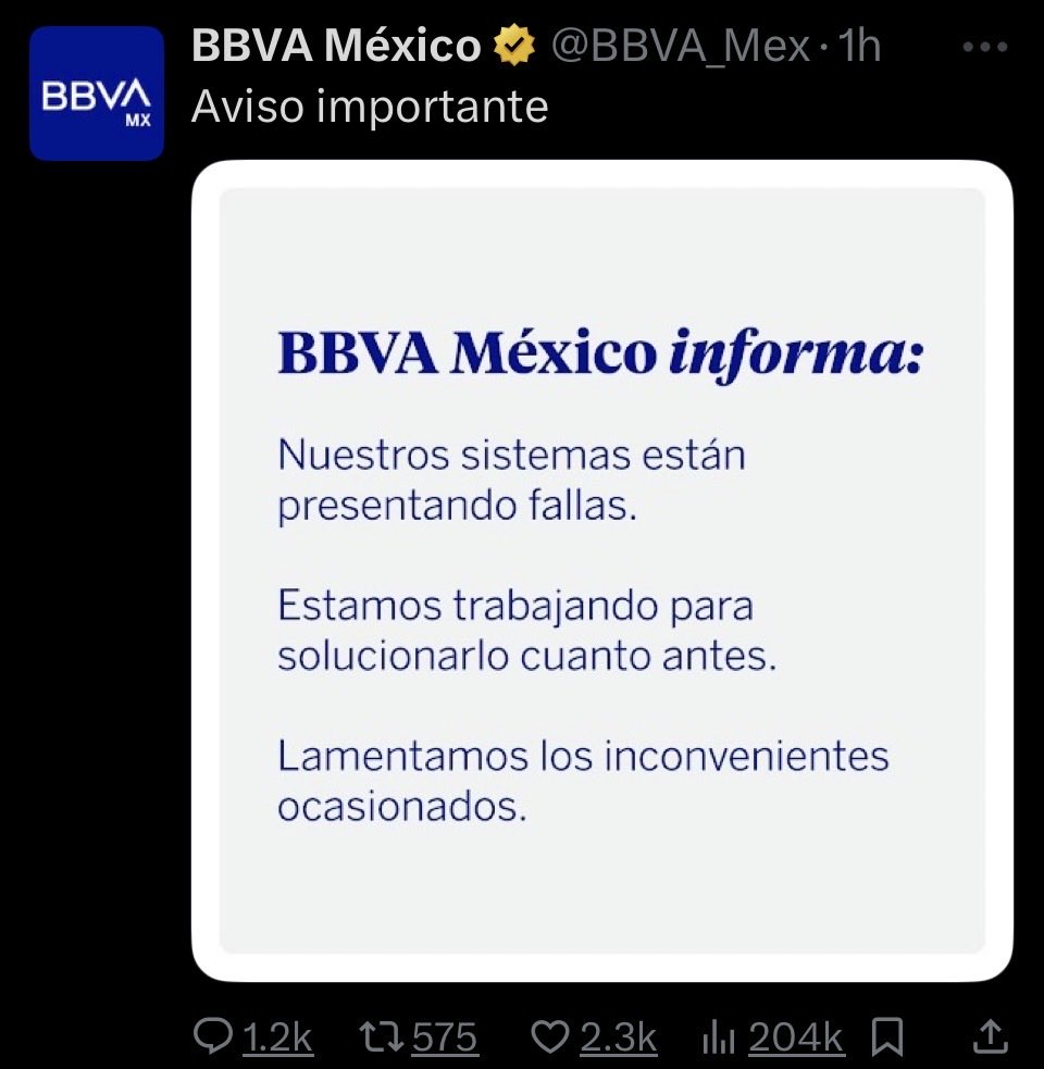 SantyRuize's tweet photo. 🚨 ¡No es tu internet ni tu celular!
Se registran fallas en la aplicación de BBVA; no se pueden hacer transferencias.
BBVA informa que ya están trabajando en la solución. 🫤
#BBVA #bbvaapp #bbvafalla
#bbva_mex https://t.co/3JI07HdX58