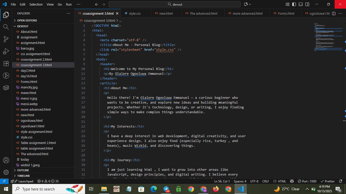 ogooluwa32's tweet image. Just finished my web design assignment
Styled my page using all three CSS methods inline, internal, and external. Also built a simple website with at least 5 HTML tags.
@devoutdevs @09_Cipher @realvic9
#HTML #CSS #VSCode #WebDevelopment #beginner