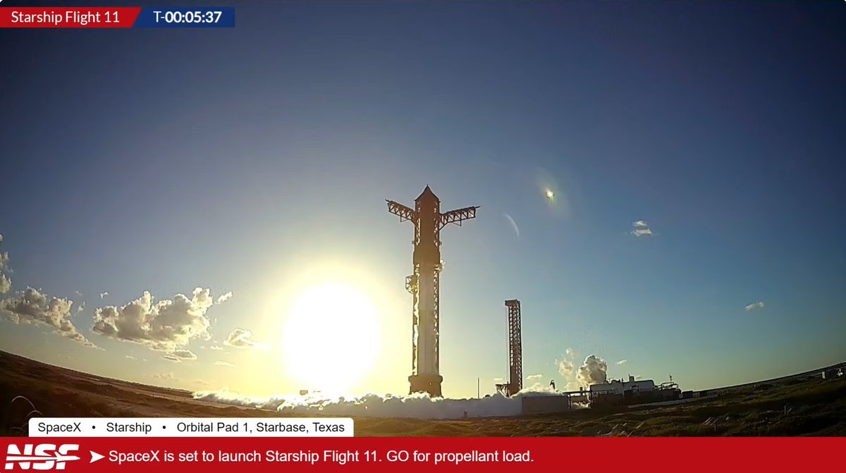 NASASpaceflight's tweet image. Starship Flight 11:
T-5 mins. The sun is setting. This is going to be another pretty one.
youtube.com/watch?v=7bcpnn…