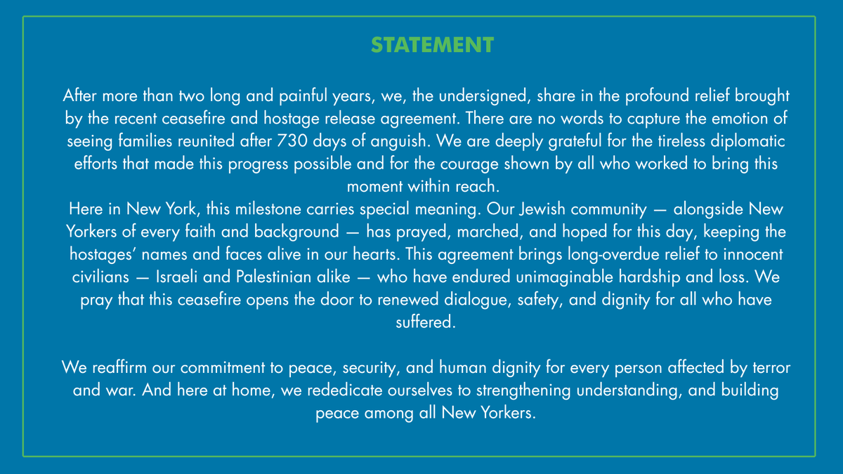 JCRCNY's tweet image. JCRC-NY thanks the majority of NYC Council Members for signing the statement below, expressing support for a Middle East ceasefire, release of all hostages, lasting peace between Israelis and Palestinians, and a more inclusive New York for all.