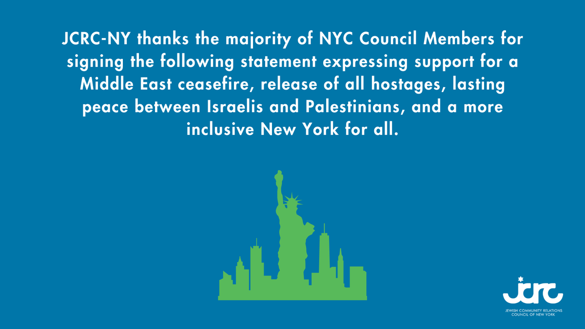 JCRCNY's tweet image. JCRC-NY thanks the majority of NYC Council Members for signing the statement below, expressing support for a Middle East ceasefire, release of all hostages, lasting peace between Israelis and Palestinians, and a more inclusive New York for all.