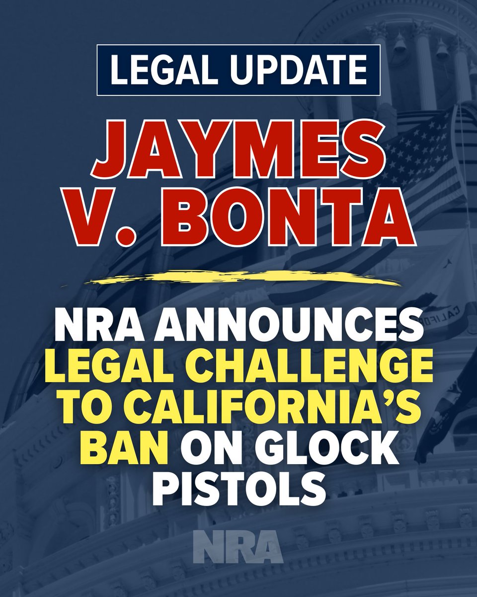 🚨 BREAKING: As promised, NRA has filed a lawsuit challenging California’s unconstitutional AB 1127 — an extreme gun control law signed by Gov. Gavin Newsom that bans Glock and Glock platform pistols.