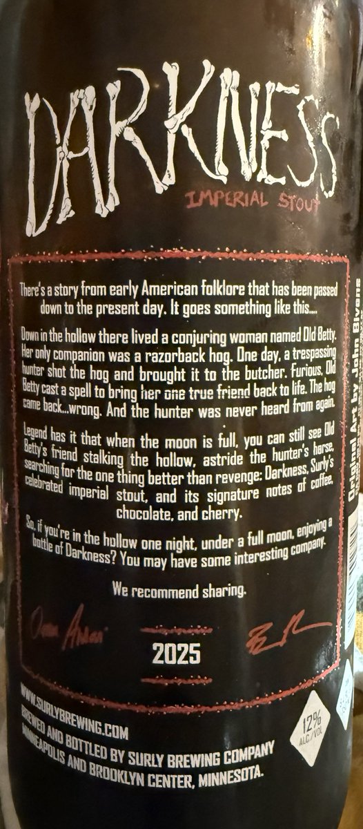 pejacoby's tweet photo. Monday morning came in like the bottle art on this @surlybrewing Darkness 2025, snorting and cranky.

I’ll embrace the #darkness
Deep complexity, licorice nose, coffee and chocolate with a hoppy spice note and a slightly bitter stone fruit finish.

#darkness #itsAlwaysStoutSeason https://t.co/0g0QTdLUQL