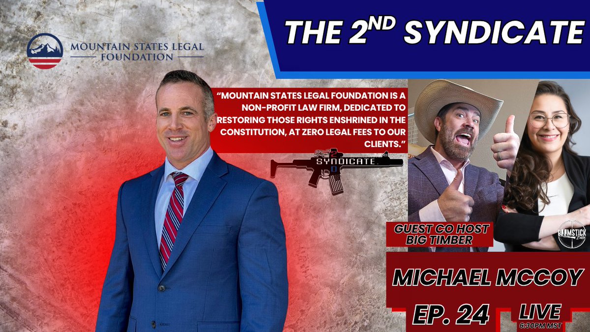 Tune in WEDNESDAY 6:30 PM MST with out guest Michael McCoy from <a href="/MSLF/">Mountain States Legal Foundation</a> and guest co host Big Timber to go over important 2a culture cases YOU should know about. Find the LIVE Episode on our YT channel. youtube.com/@TheSecondSynd…