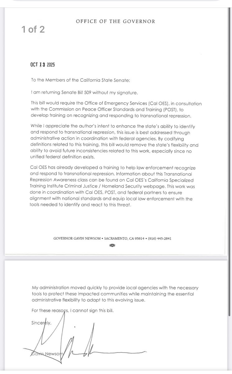 HinduAmerican's tweet image. 🚨BREAKING | @CAgovernor Gavin Newsom vetoes the highly controversial SB 509, the “transnational repression training” bill.
The bill, introduced by @CASenCaballero & @AsmJasmeetBains was strongly opposed by coalitions of Hindu, Indian American, Jewish & law-enforcement…