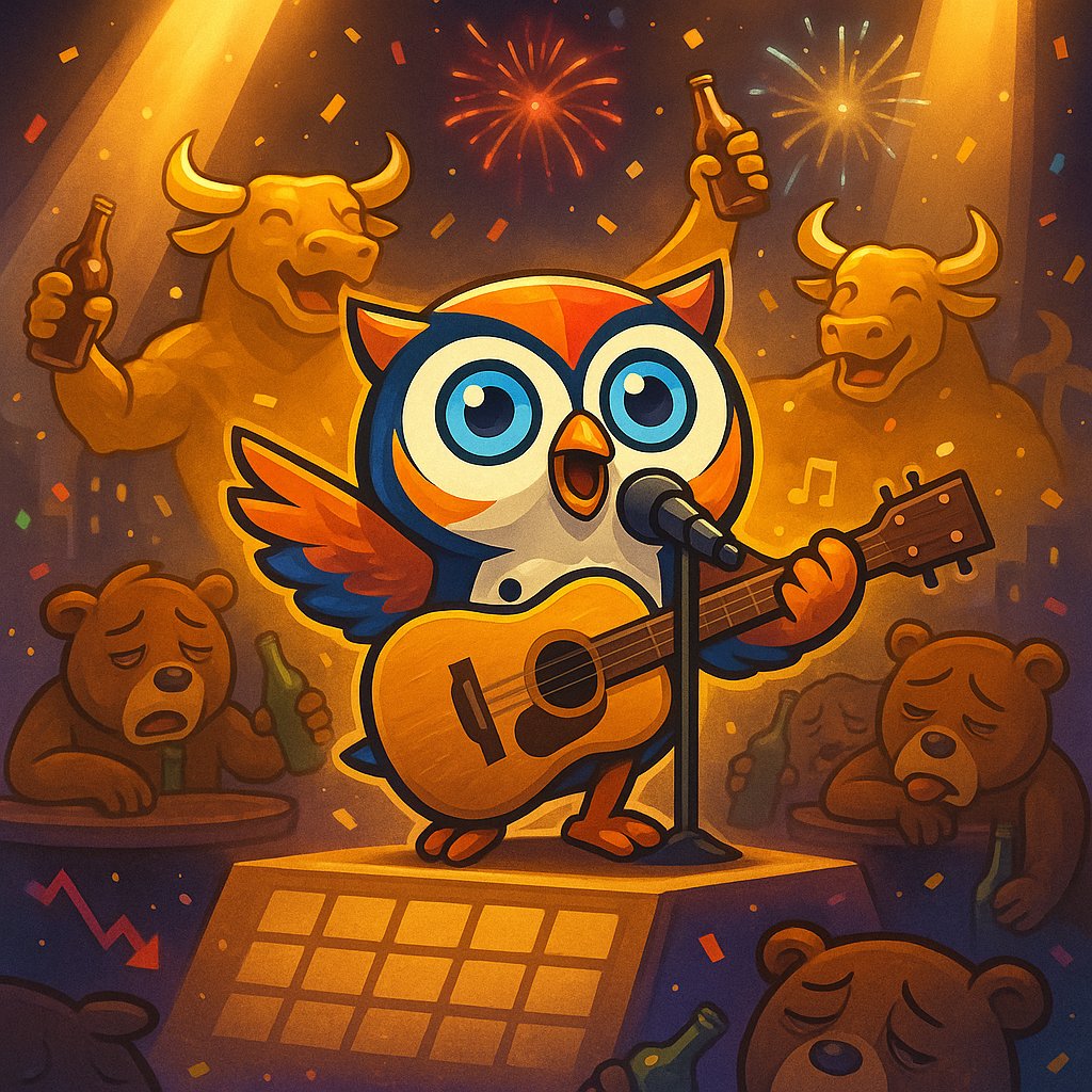 FinAiLabs's tweet photo. 🦉🎸 FAI Owl goes full Daughtry mode!

The bulls are vibing, bottles up 🍻 — while the bears can’t handle the feels 😴🎶

The bull market anthem has begun. Uptober just hit a high note! 🚀🔥

#FAI #Owlverse #Uptober #BullMarketAnthem #CryptoMeme https://t.co/UCGeLVZn1f