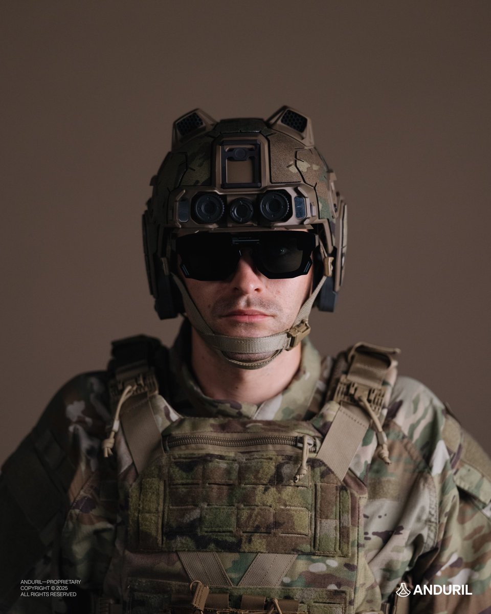 sentdefender's tweet photo. During the Association of the United States Army (AUSA) Conference today in Washington, Anduril Industries launched EagleEye, a suite of vision-related equipment featuring virtual reality and artificial intelligence that is able to be directly fed to a Servicemember through a heads-up display available in helmets, visors, and glasses. EagleEye will allow military personnel to see a number of relevant information during combat, including the location of a user's squadmates, mission plans through a high-resolution collaborative sand table, optically transparent daytime HUD, a digital night-vision HUD, rear and flank-view sensors, spatial audio and radio frequency detection sensors, and even controllers for tasking unmanned aerial systems and robotic teammates while staying mobile on the battlefield, according to Anduril.