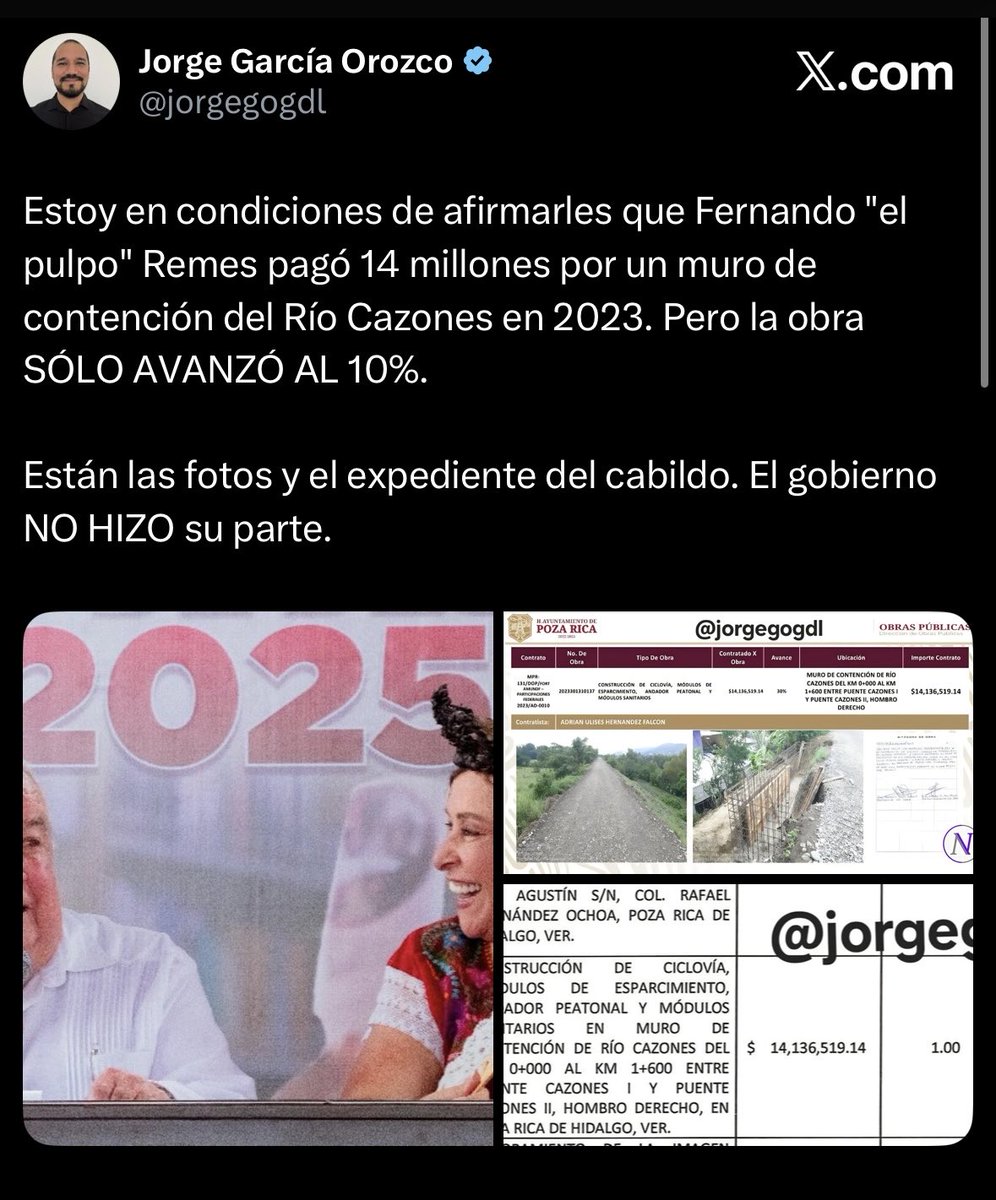 Esto debería ser un escándalo. Fernando “El Pulpo” Remes, alcalde de Poza Rica, admitió que no construyó el muro de contención del Río Cazones. En 2023 pagaron 14 millones de pesos y la obra solo avanzó al 10%. Así lo revela <a href="/jorgegogdl/">Jorge García Orozco</a>. Increíble la desatención de las