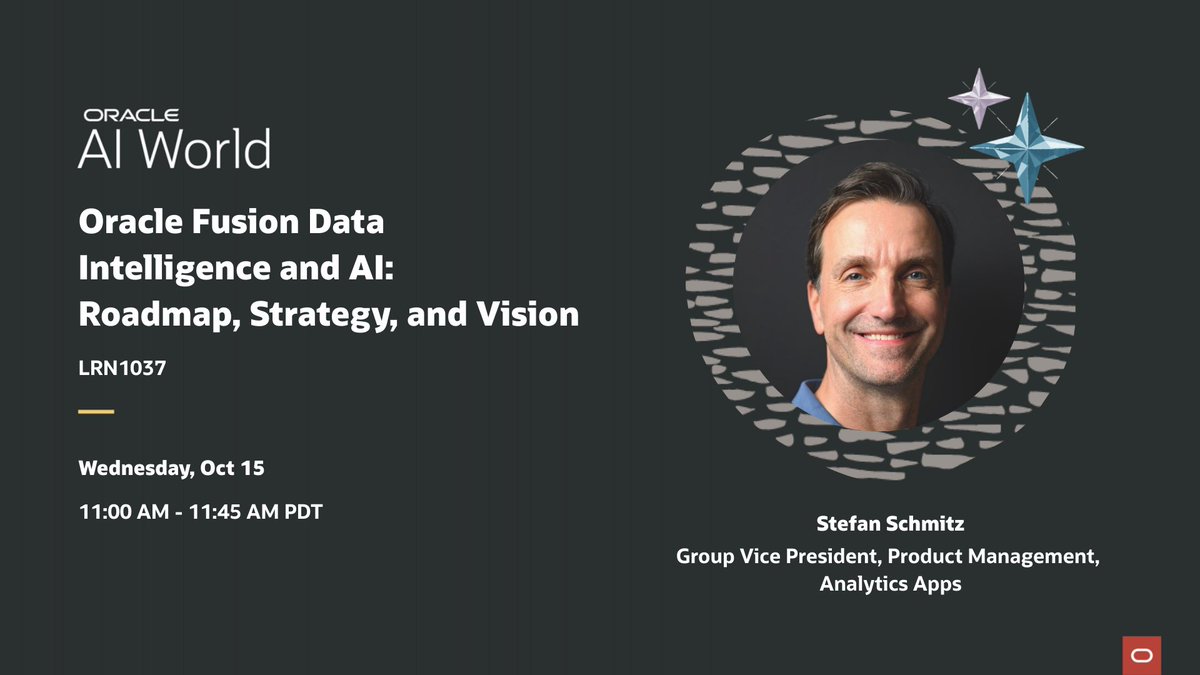 OracleAnalytics's tweet image. 📢Kicking off tomorrow - get a front-row seat to the future of analytics! Stefan Schmitz shares the roadmap, strategy, and vision for Oracle Fusion Data Intelligence and AI - showcasing how Oracle is helping organizations leverage powerful, role-based insights across every part…