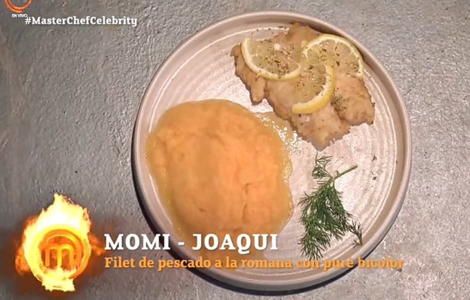 First image displays a white plate on a gray surface holding orange mashed puree, a fried fish fillet topped with lemon slices and dill sprigs, with MasterChef Celebrity logo and text overlay reading MOMI - JOAQUI Filet de pescado a la romana con puré. Second image shows a woman with long brown hair wearing a black sleeveless top and white apron labeled MOMI, standing in a modern kitchen with wooden screens and utensils visible behind her.