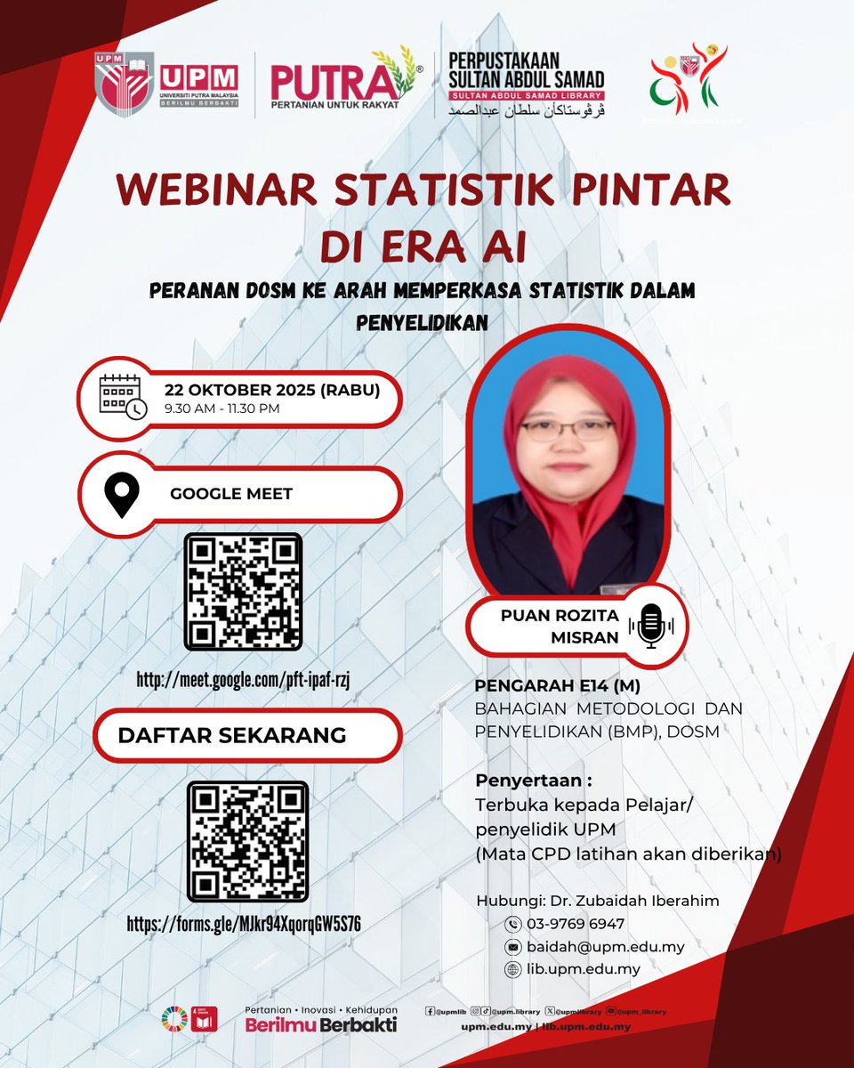 UPMLibrary's tweet image. Webinar Statistik Pintar di ERA AI: Peranan DOSM Ke Arah Memperkasa Statistik Dalam Penyelidikan

Participants: Pelajar/ peyelidik UPM
Link Pendaftaran: forms.gle/rS1fwbJbWs9sx3…
Link Google Meet: meet.google.com/pft-ipaf-rzj

#UPMKnowledgeHub
#PSASKnowledgeHub
#DiscoverPSAS