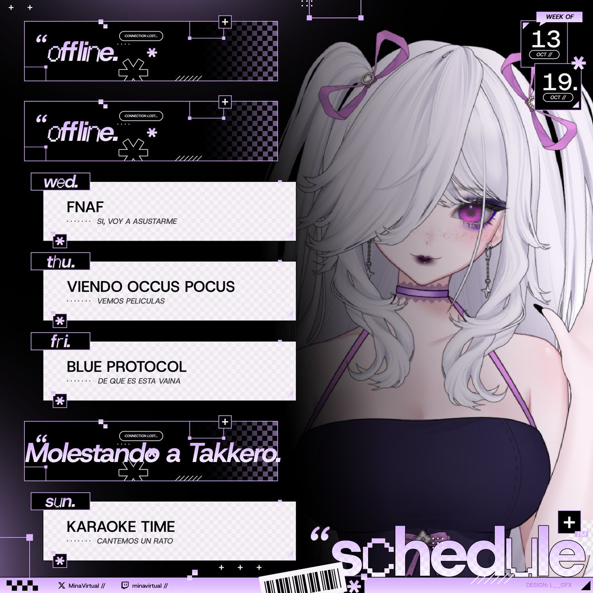 Minavirtual's tweet image. ♡₊˚🌸 𝗛𝗼𝗿𝗮𝗿𝗶𝗼 𝗦𝗲𝗺𝗮𝗻𝗮𝗹 🌸₊˚♡
✦ 13 / 10 — 19 / 10 ✦
(Sujeto a cambios, como siempre~)
︶︶︶︶︶︶︶︶︶︶
⟡ General ┊ #MinaVirtual
⟡ Clips ┊ #MiniClivz
⟡ Arte ┊ #VMinArts
⟡ Memes ┊ #MiMemez
︶︶︶︶︶︶︶︶︶︶
✦ Directos en:
twitch.tv/minavirtual