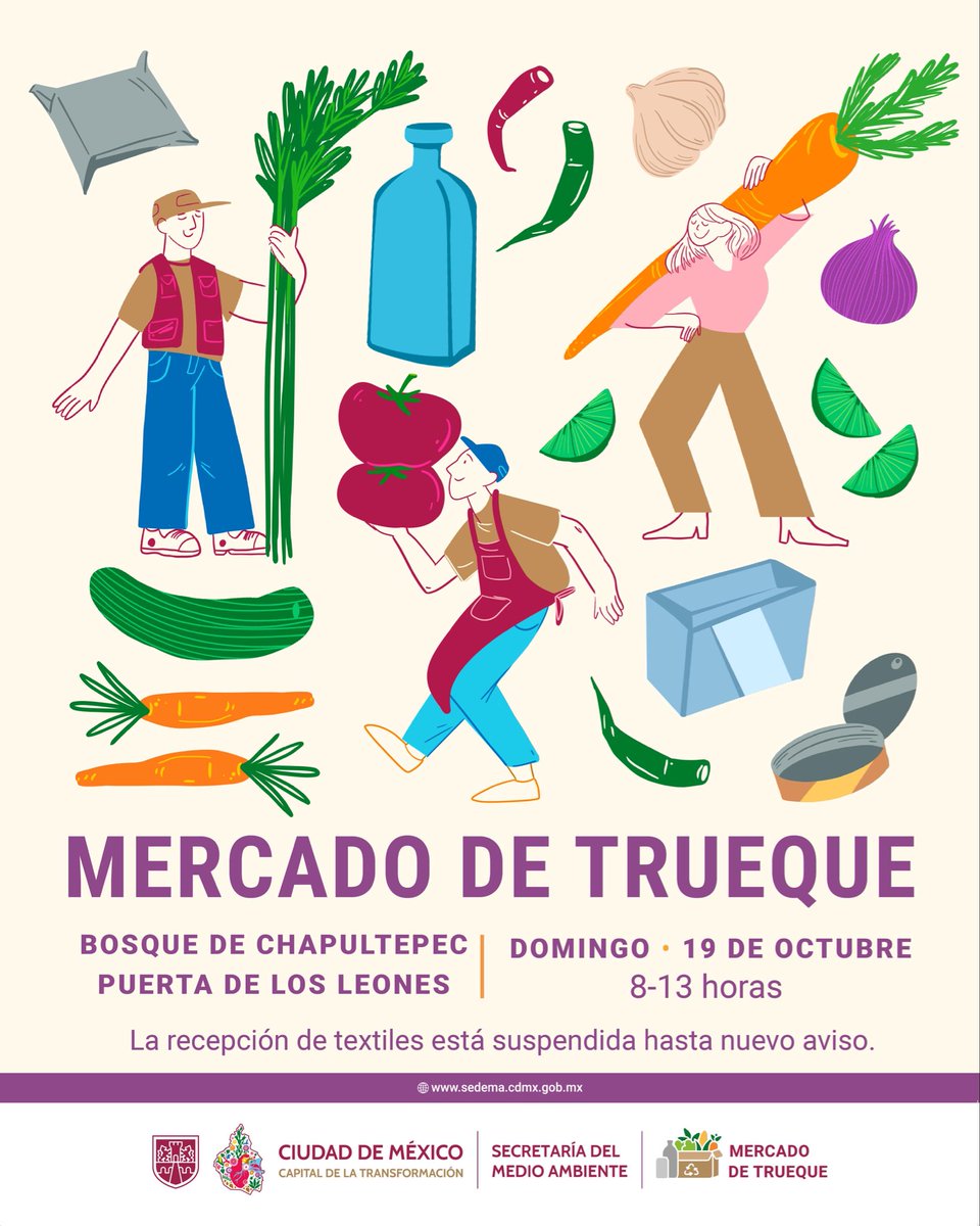 ¡Este domingo 19 de octubre tenemos jornada de Mercado de Trueque! 

Te esperamos de 8:00 a 13:00 horas en el Bosque de Chapultepec, en la Puerta de los Leones (bit.ly/3ILIfnH)

Recuerda llevar tus residuos inorgánicos reciclables. Por el momento, la recepción de