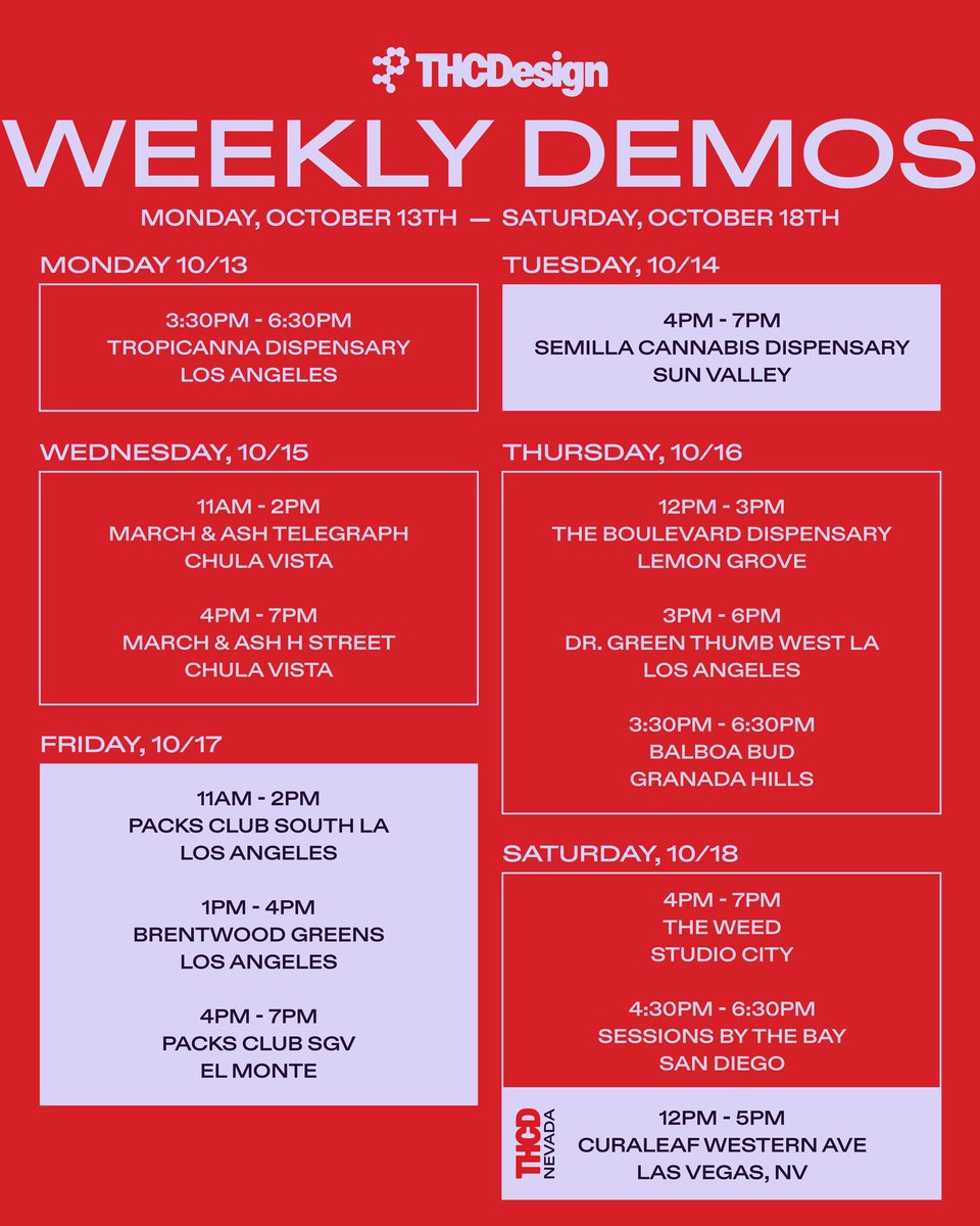 THCD demo schedule: 10/13-10/18
