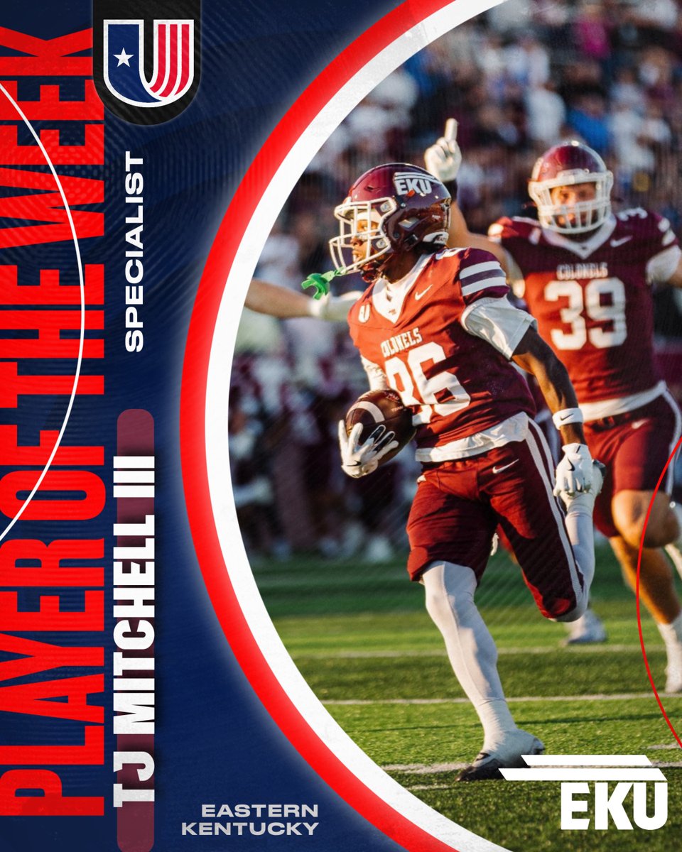 uacfootball (@uacfootball) on Twitter photo 📽️ 𝔸𝕨𝕒𝕣𝕕 𝕎𝕚𝕟𝕟𝕖𝕣 ℍ𝕚𝕘𝕙𝕝𝕚𝕘𝕙𝕥𝕤
⚡️𝘚𝘱𝘦𝘤𝘪𝘢𝘭𝘪𝘴𝘵 𝘗𝘖𝘞 | TJ Mitchell III - WR/RS  <a href="/EKUFootball/">EKU Football</a>
💯 Yard KOR TD
1⃣3⃣8⃣ Total KOR Yds (46.0 Avg.)
🔖 Set UAC single game record for KOR
📰| tinyurl.com/UAC-POW-W7
#UACFootball x #MatterOfPride 📽️ 𝔸𝕨𝕒𝕣𝕕 𝕎𝕚𝕟𝕟𝕖𝕣 ℍ𝕚𝕘𝕙𝕝𝕚𝕘𝕙𝕥𝕤
⚡️𝘚𝘱𝘦𝘤𝘪𝘢𝘭𝘪𝘴𝘵 𝘗𝘖𝘞 | TJ Mitchell III - WR/RS  <a href="/EKUFootball/">EKU Football</a>
💯 Yard KOR TD
1⃣3⃣8⃣ Total KOR Yds (46.0 Avg.)
🔖 Set UAC single game record for KOR
📰| tinyurl.com/UAC-POW-W7
#UACFootball x #MatterOfPride