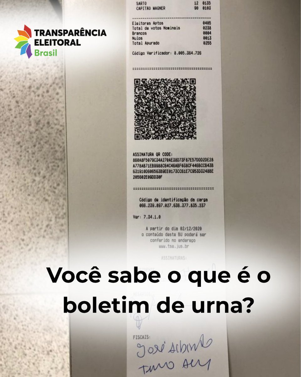 O Boletim de Urna é a transparência nas eleições! Um relatório impresso por CADA urna eletrônica ao final da votação, com o total de votos de todos os candidatos, brancos e nulos daquela seção.

O BU é afixado na porta para conferir e fiscalizar o resultado. Anota para 2026!