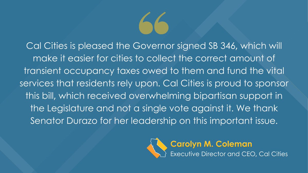 👏 Big win for cities! Governor Newsom signed Cal Cities-sponsored SB 346! This bipartisan bill helps cities collect the transient occupancy taxes they’re owed and reinvest in essential community services. Huge thanks to <a href="/SenMariaEDurazo/">Senator María Elena Durazo</a> for championing this effort!