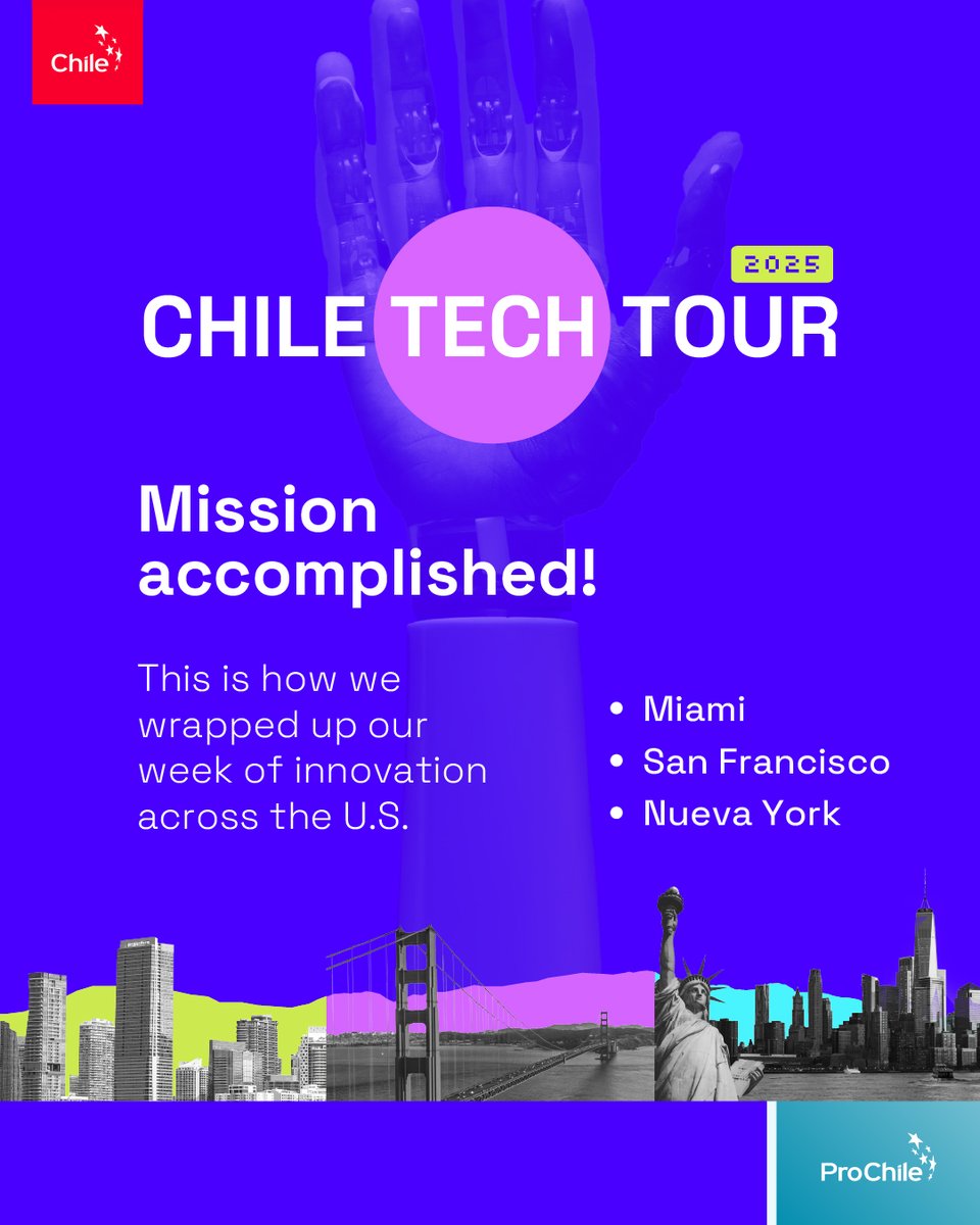 prochile_us's tweet photo. #ChileTechTour2025: 27 Chilean companies connected with U.S. leaders and startups, showcasing top-level innovation, talent, and technology.

📸 Relive the best moments in our recap.

#ProChile #ProChileUSA #ChileTechTour https://t.co/vmJ8jy6HZu