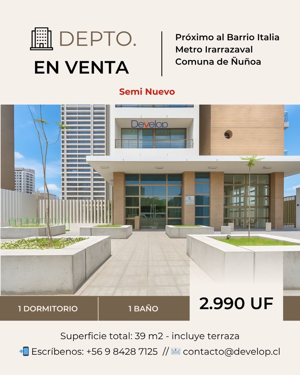 DevelopVentas's tweet photo. 🏙️ Vive o invierte en Ñuñoa, a pasos del Barrio Italia ✨

Descubre este departamento semi nuevo, con una ubicación privilegiada cerca del Metro Irarrázaval, rodeado de cafés, servicios y todo el encanto del tradicional Barrio Italia. https://t.co/VH5PoWsTpr